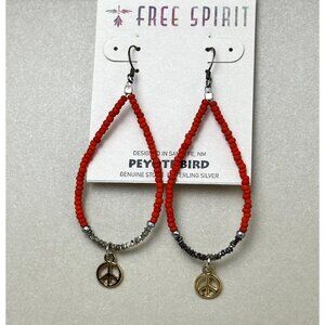 Peyote Bird Red Carnelian Beaded Hoop Earrings Gold Peace Sign Charm Boho NWT
